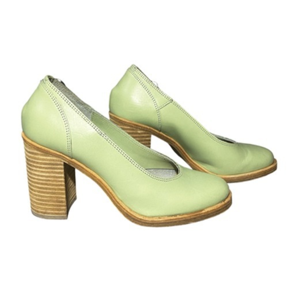 Swedish Hasbeens Shoes Womens Size 7.5 Green Leather Block Heel Pumps Round Toe